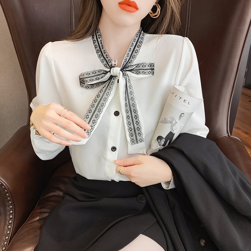 【tops】人気を独占中 リボン付きシャツトップス　M17614