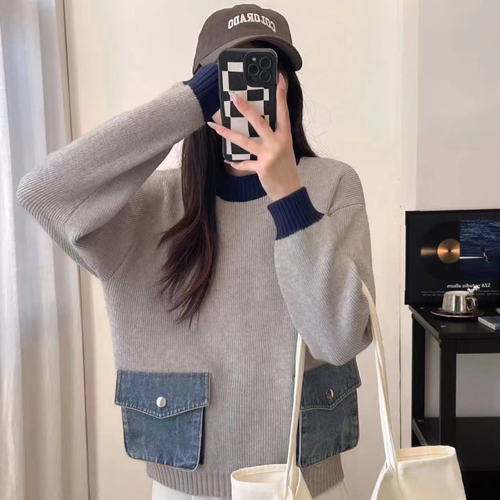 【tops】デニムポケット付きセーター Q6363