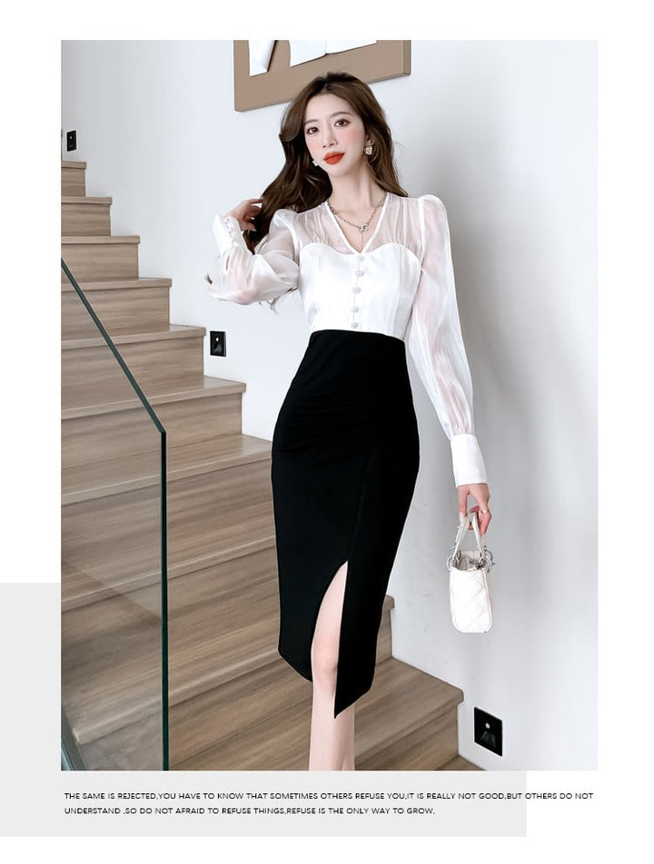 【dress】Vネックドッキングワンピース　M26462