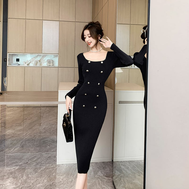 【dress】ダブルボタンニットワンピース　M18208