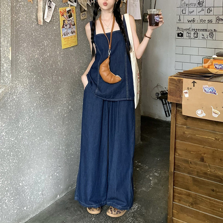 【set】バックリボンデニムトップス×ワイドパンツセット    N2682