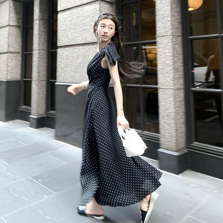 【dress】ワンショルダーリボンドット柄ワンピース　N3045