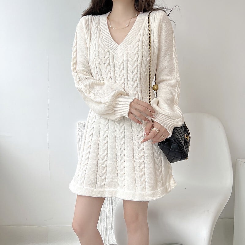 【dress】Vネック無地ニットワンピース　M17948