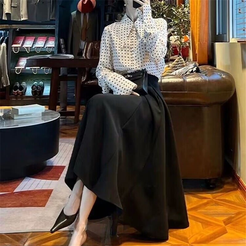 【set】ドット柄シャツ+ハイウエストスカートセット　M17779