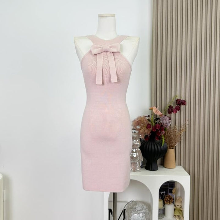 【dress】リボン付きホルターネックニットワンピース Q7374