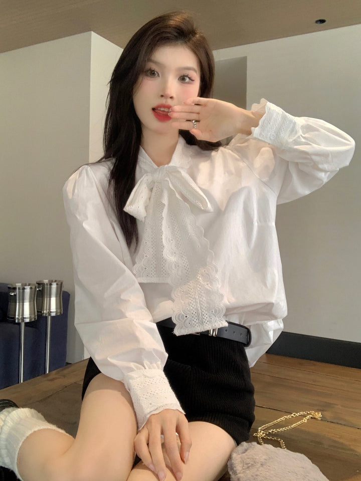 【tops】レース切り替えシャツブラウス　M29816
