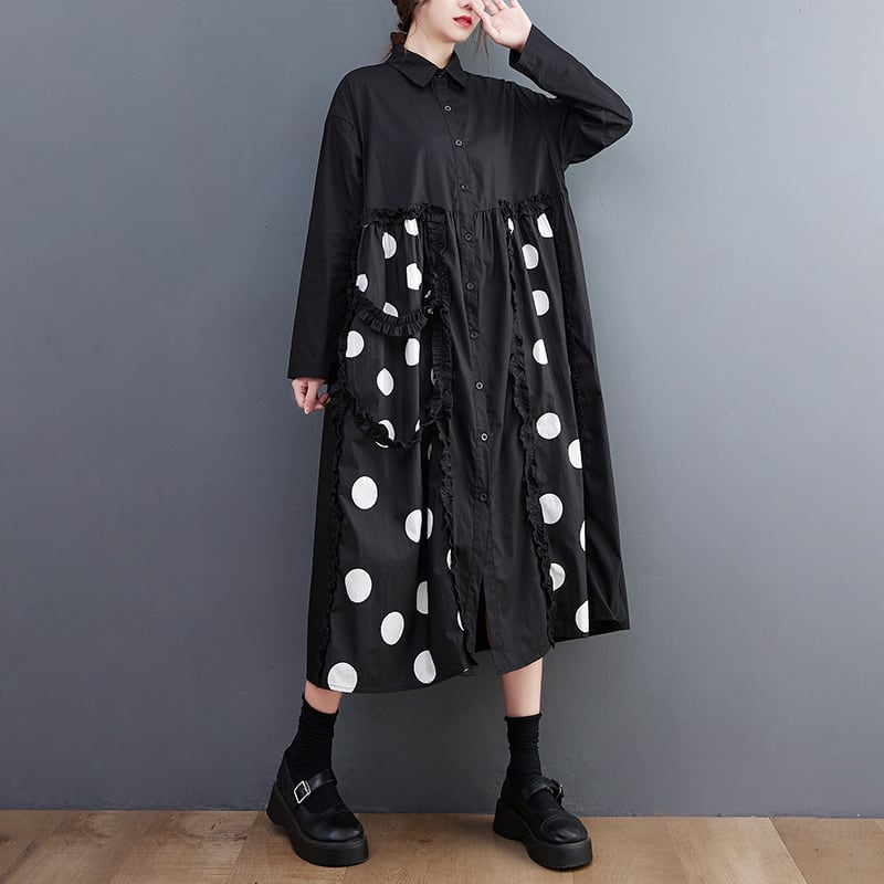 【dress】韓国系プリント切り替えシャツワンピースゆったり　M17448