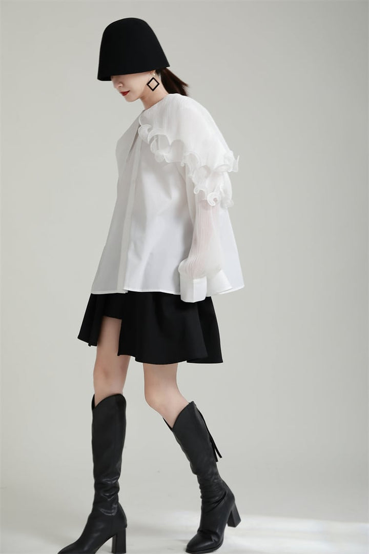 【tops】フリル不規則 イレギュラーシャツブラウス　M29334