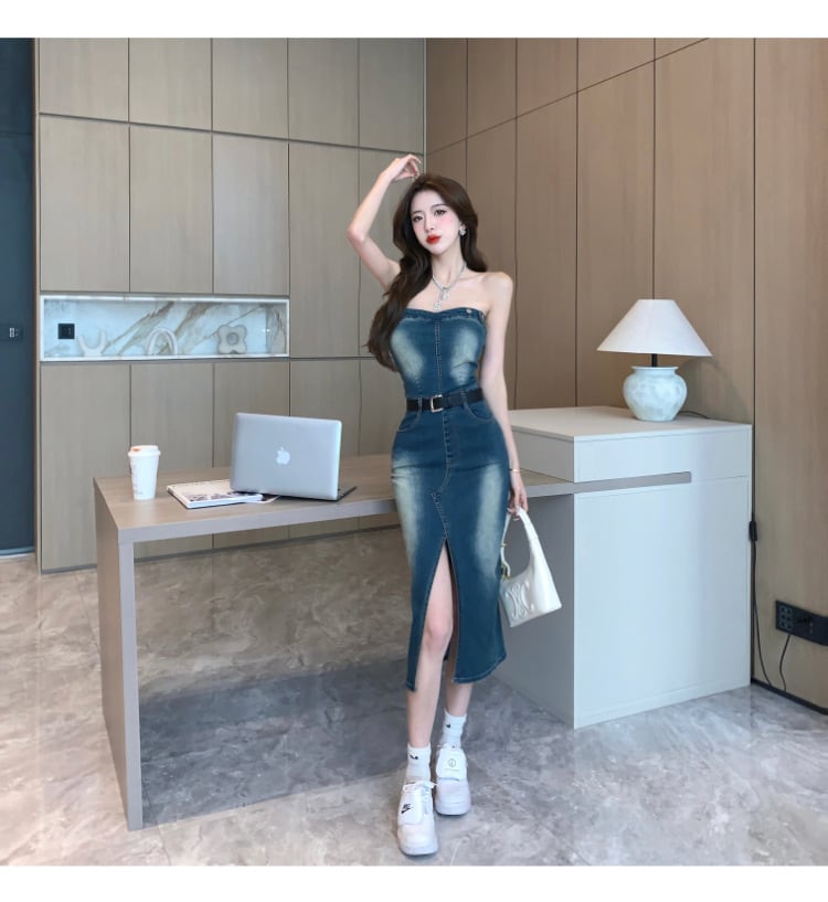 【dress】韓国系ファッションセクシーデニムワンピース　M17191