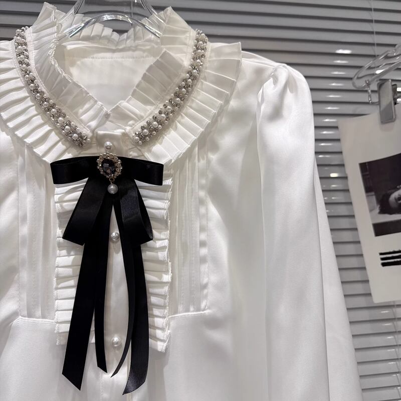 【tops】リボン付きギャザーフリルシャツ Q7893
