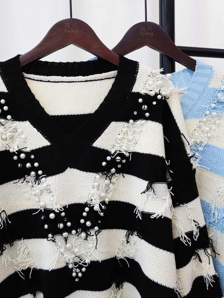 【tops】Vネックボーダー柄ニットセーター　M18064