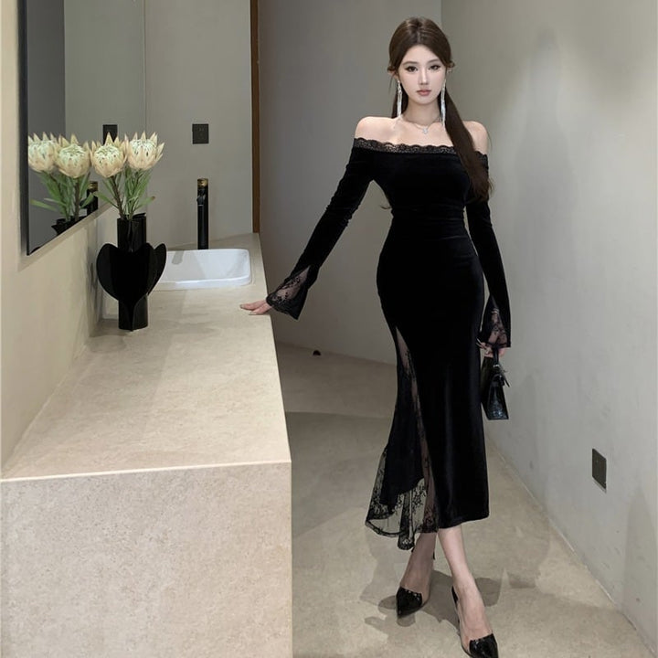 【dress】オフショルレースドッキングワンピース Q7408