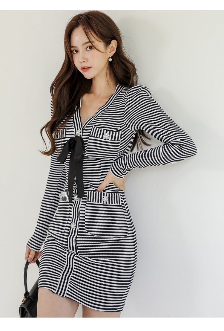 【dress】ボーダー柄リボン付きニットワンピース　M18084