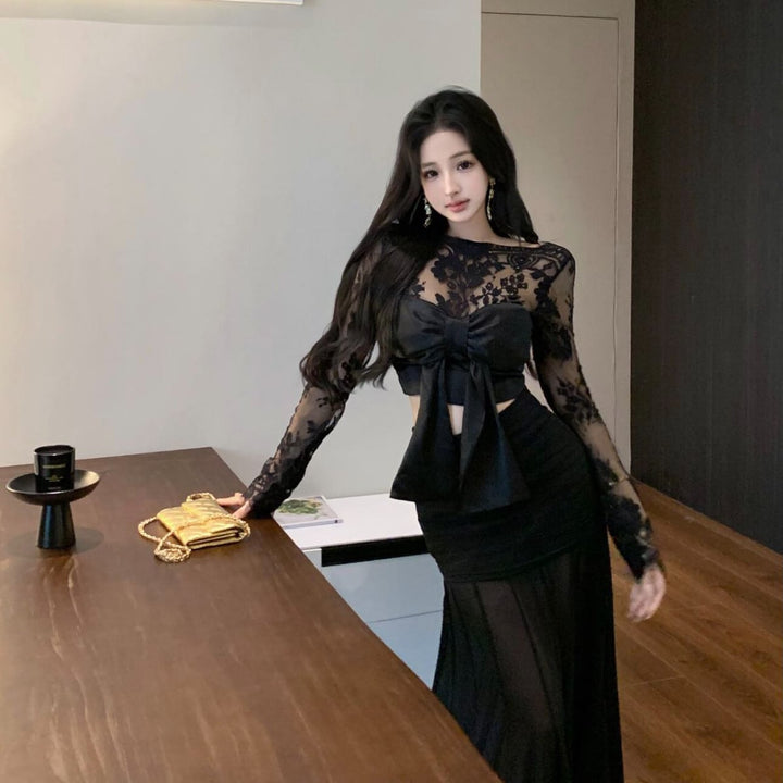 【set】リボン付きレーストップス×ロングスカートセット　N2763