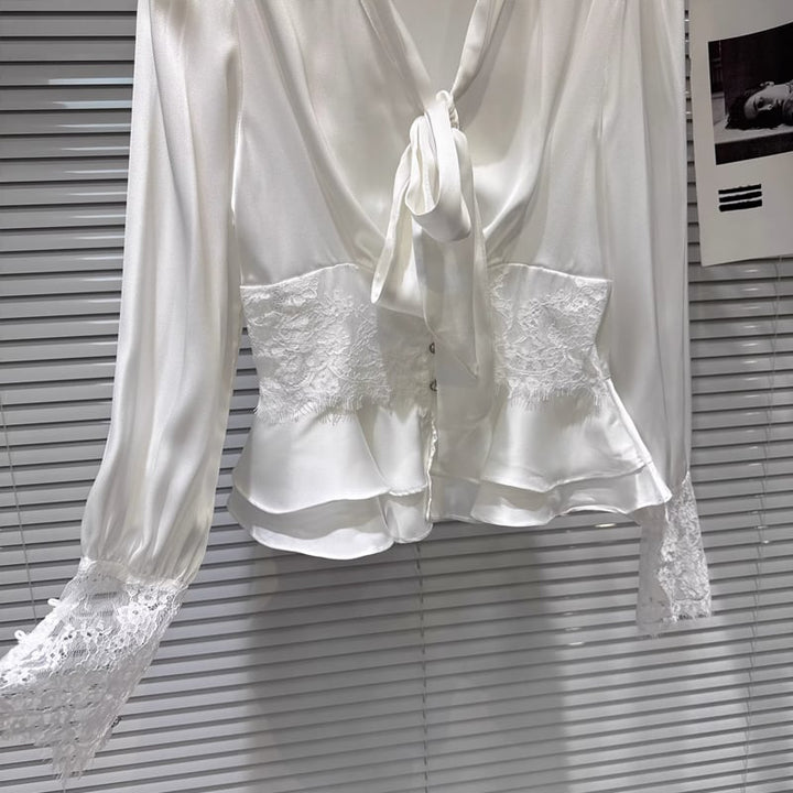 【tops】Vネックレースドッキングシャツ Q8103