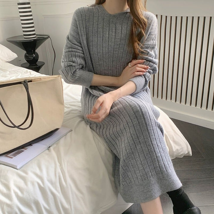 【dress】韓国系シンプルフード付きニットワンピース　M17494