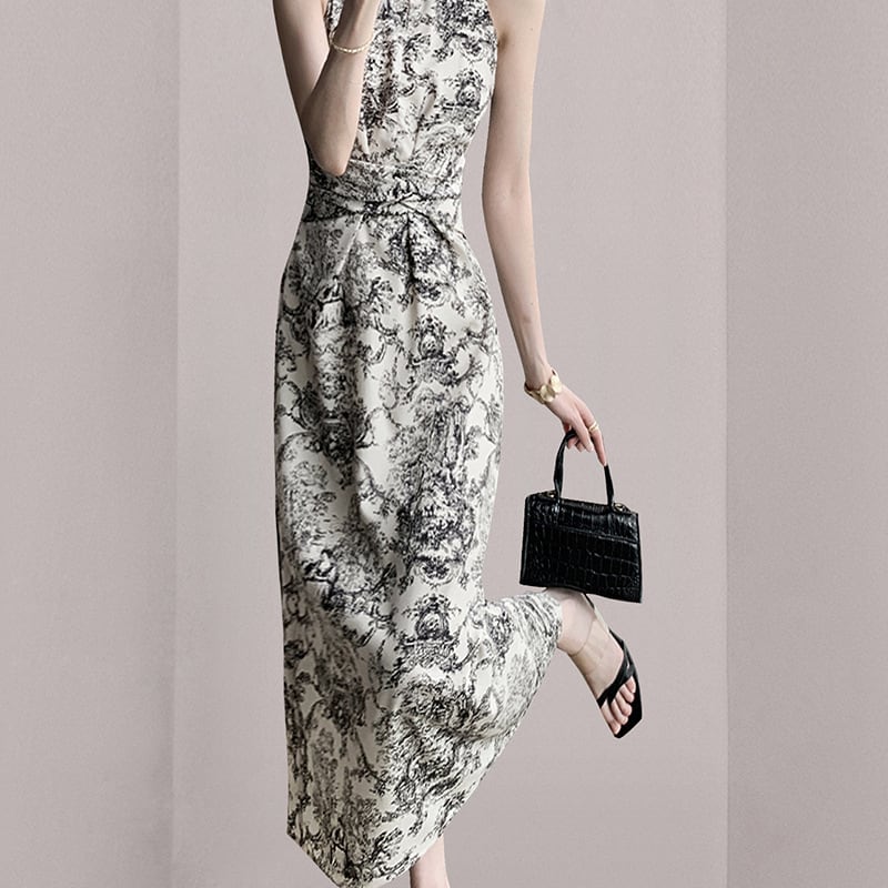 【dress】韓国系ノースリーブプリントワンピースおしゃれ　M17313