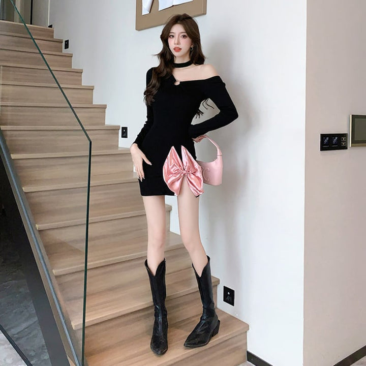 【dress】細身効果抜群♪リボン付きデートワンピース　M17538