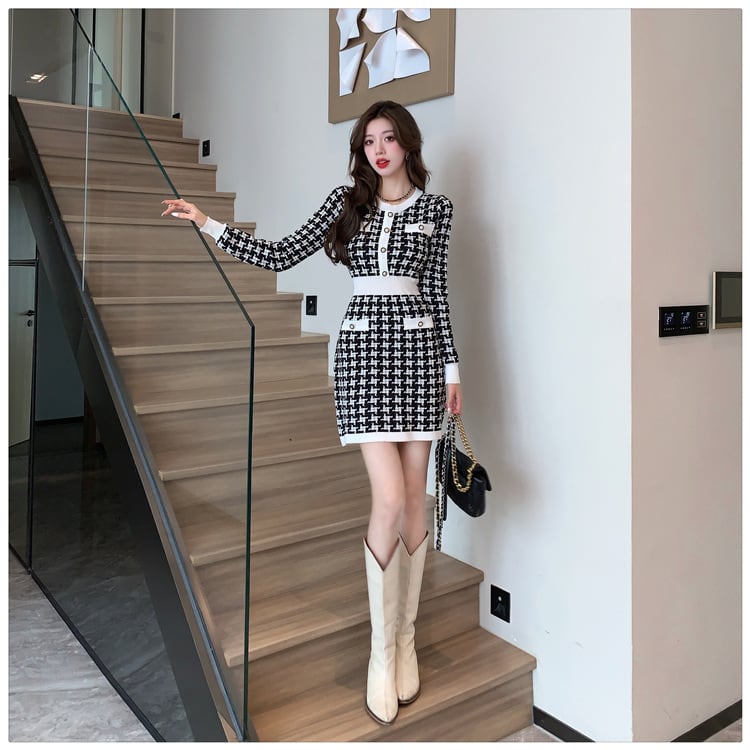 【dress】千鳥格子ニットワンピース　M17627