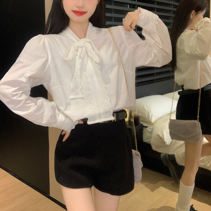 【tops】レース切り替えシャツブラウス　M29816