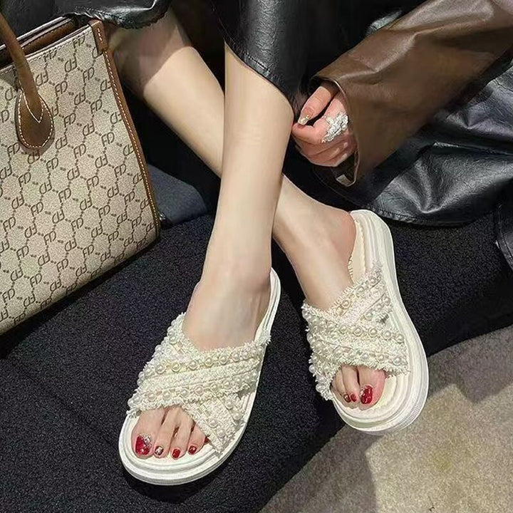 【Shoes】パール付きサンダル Q8427