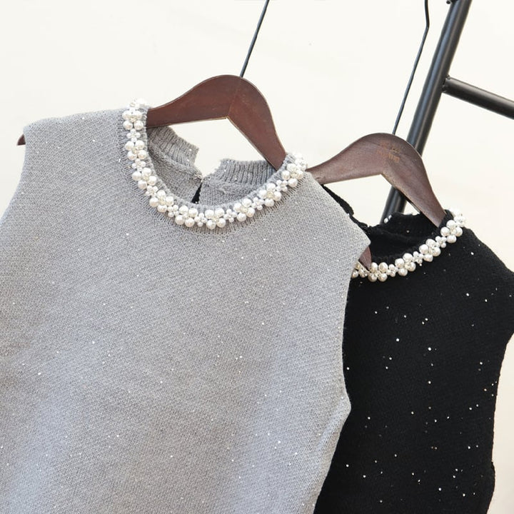 【dress】パール付きノースリーブニットワンピース Q7323
