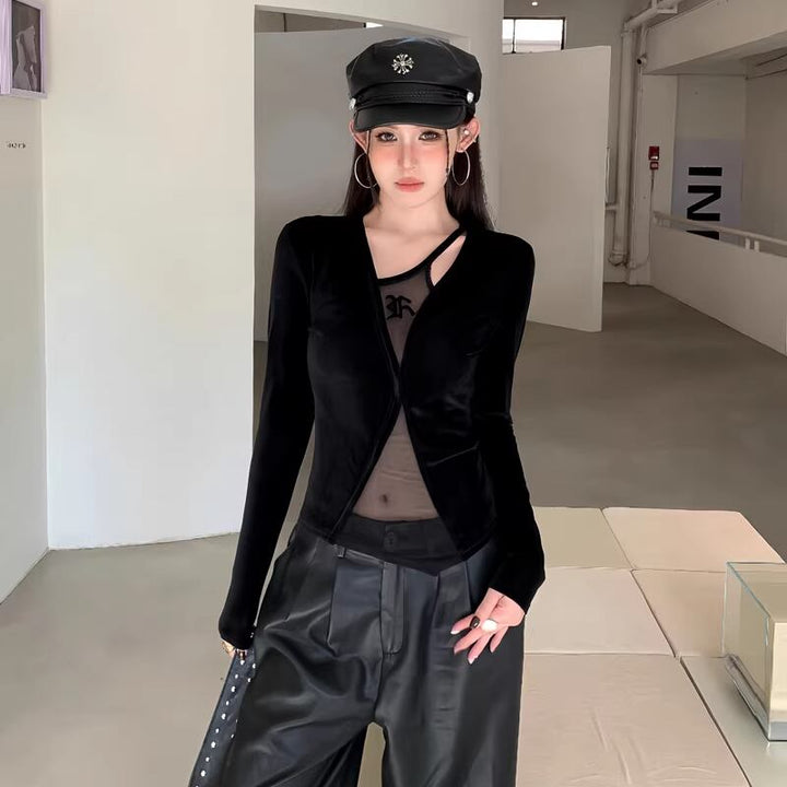 【tops】フェイクレイヤードチュールドッキングベルベットトップス Q8024