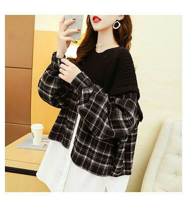【tops】クルーネックドッキングニットセーター　M18345