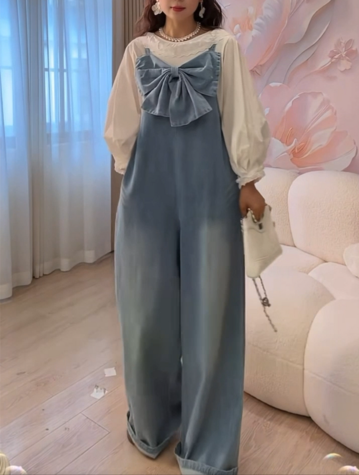 【bottoms】リボン付きデニムサロペット　N2979