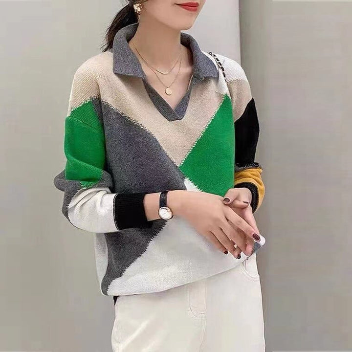 【tops】POLOネック配色ニットセーター　M18165