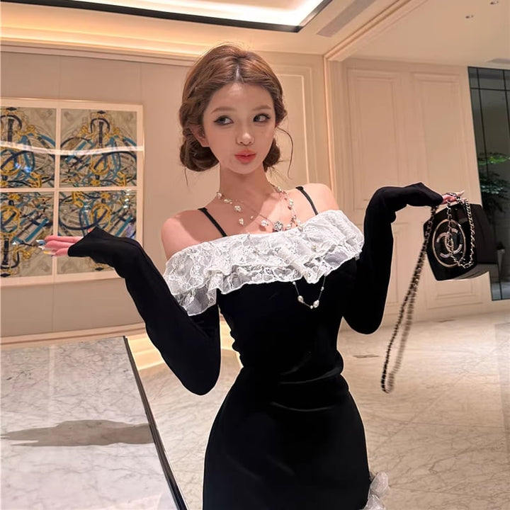 【dress】レースドッキングオフショルダーワンピース Q8071