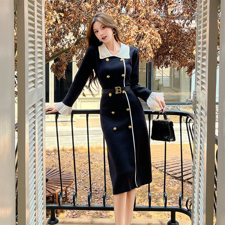 【dress】レースドッキングニットワンピース Q7584