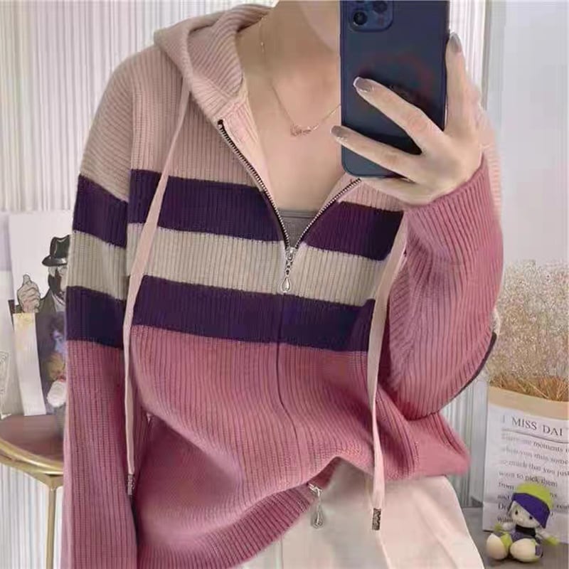【outer】ファスナー配色フード付きニットカーデ　M18099