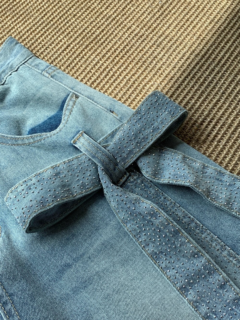 【bottoms】スパンコール付きリボンデニムパンツ　N3545
