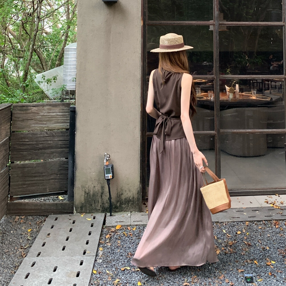 【set】バックリボントップス×ロングスカートセット     N3579