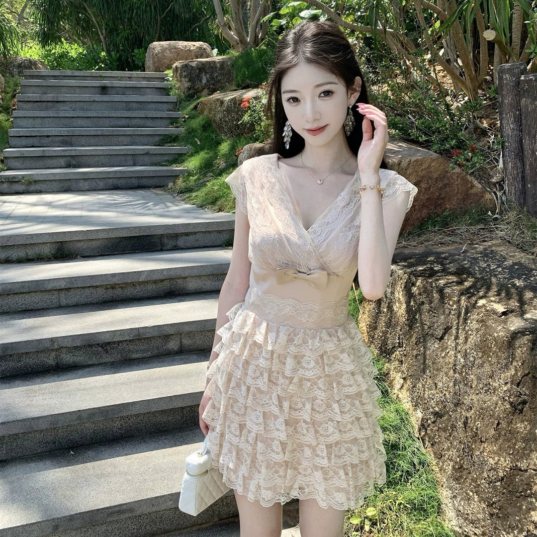 【dress】リボン付きティアードミニワンピース　N3556