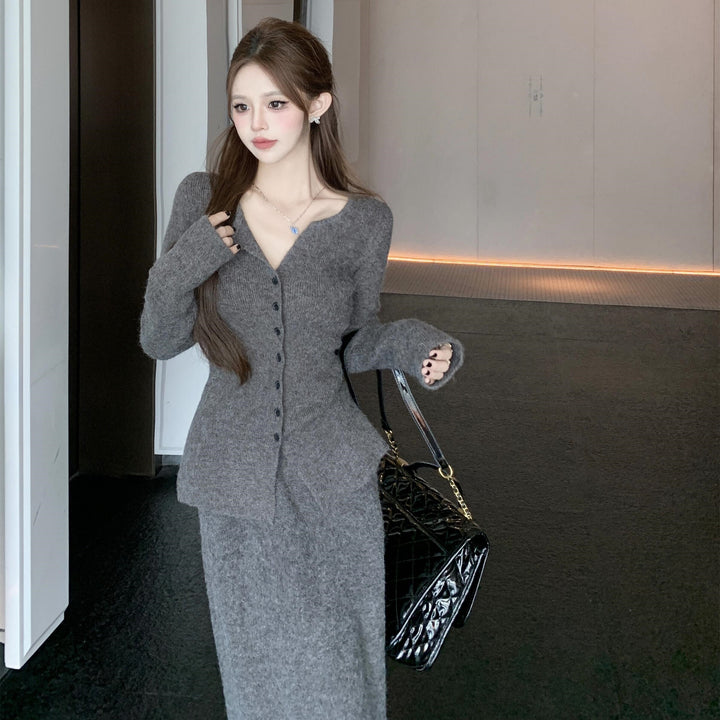 【set】Ⅴネックニットカーディガン×ロングスカートセット　N2764