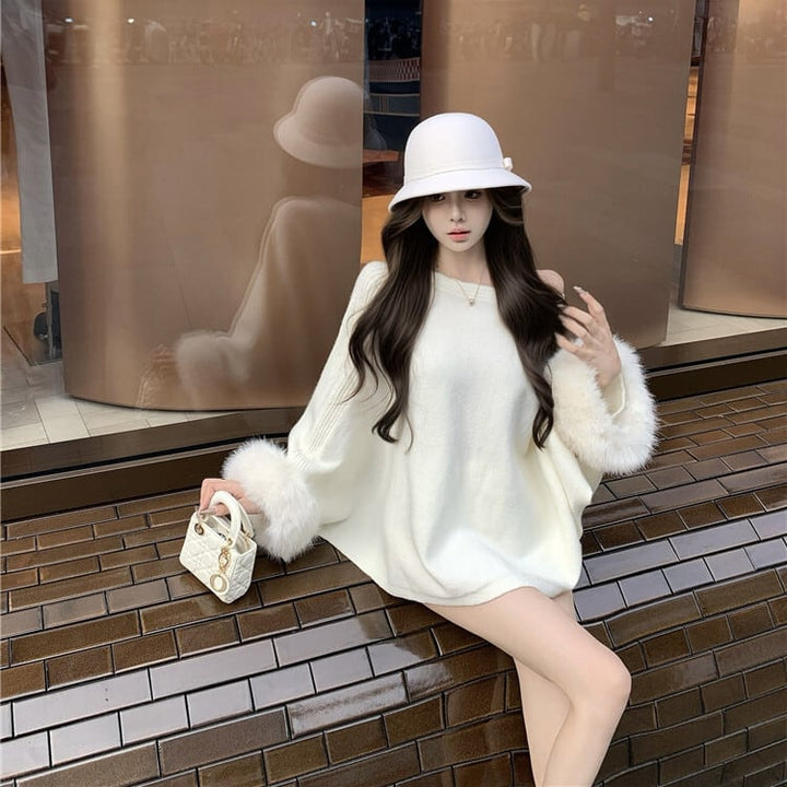 【tops】袖ファーオフショルダーニットトップス　M27715