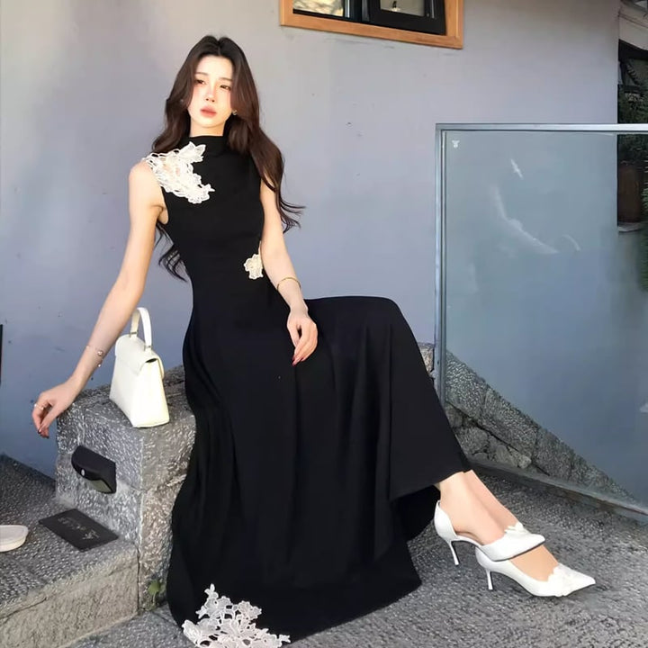 【dress】レースドッキングノースリーブニットワンピース Q8403