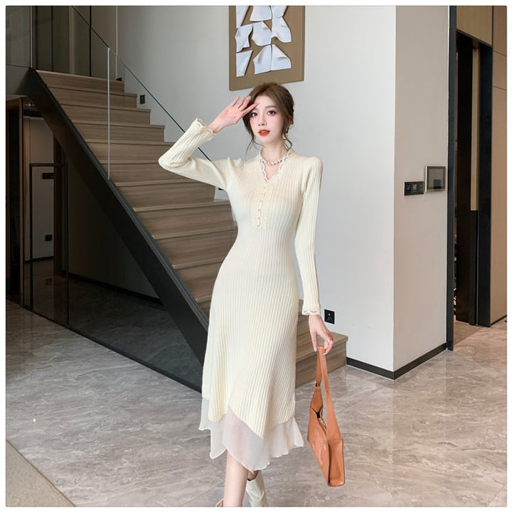 【dress】Vネックニットワンピース　M18320