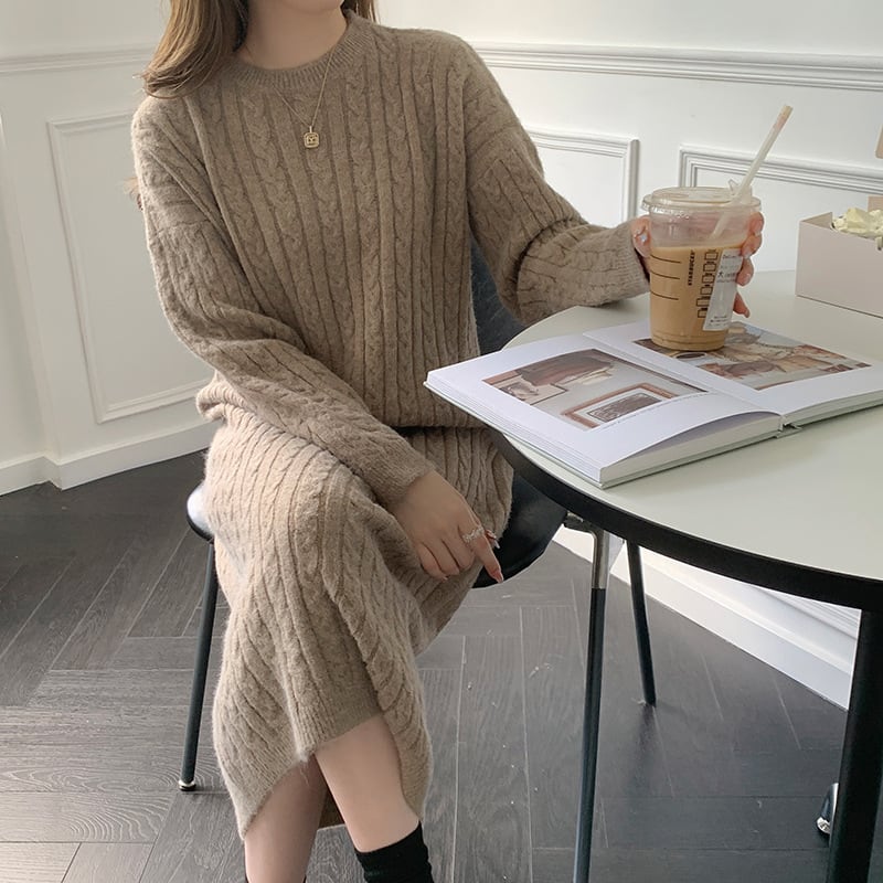 【dress】韓国系無地ニットワンピース着心地良い　M17658