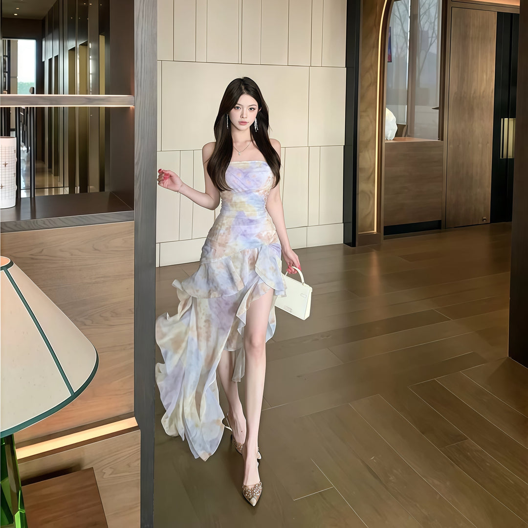 【dress】ベアトップフリルプリントワンピース　M31597