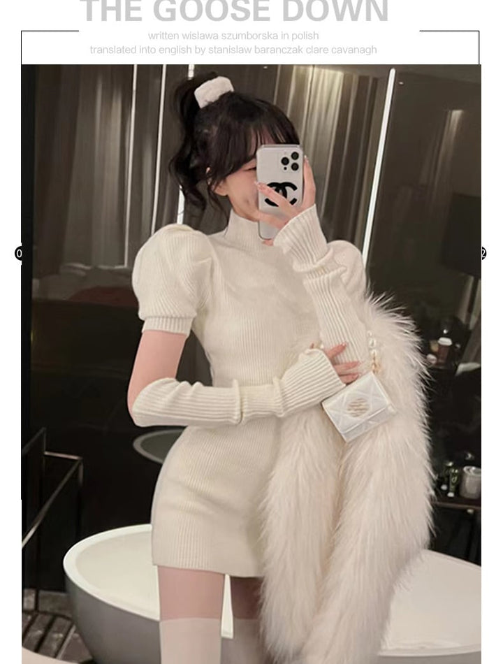 【dress】アームカバー付き無地ニットワンピース　M17718