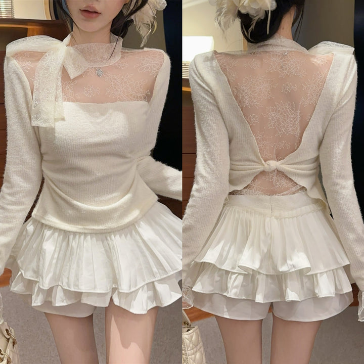 【tops】レースドッキングニットトップス　N2909