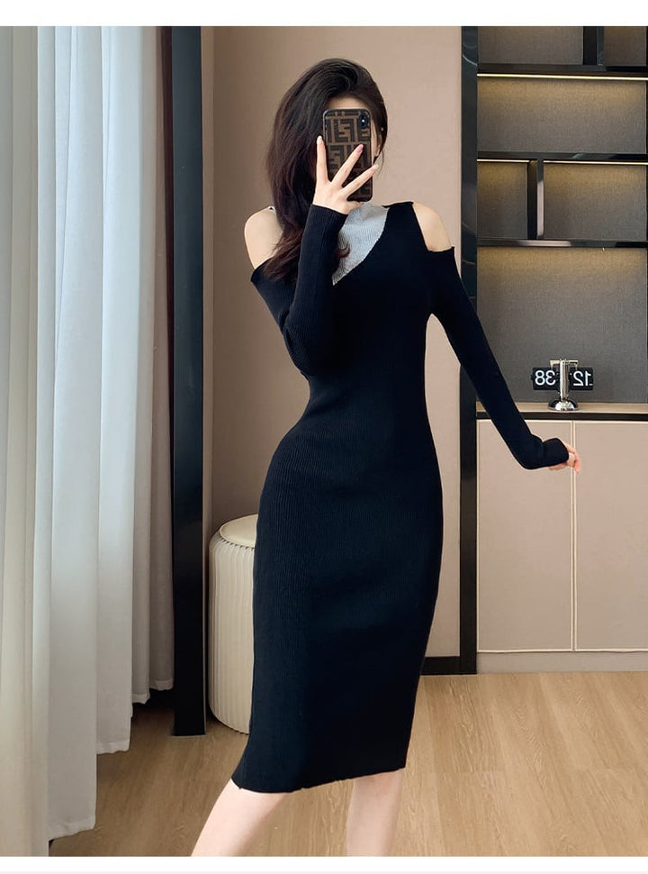 【dress】韓国系オフショルダーニットワンピース　M17599
