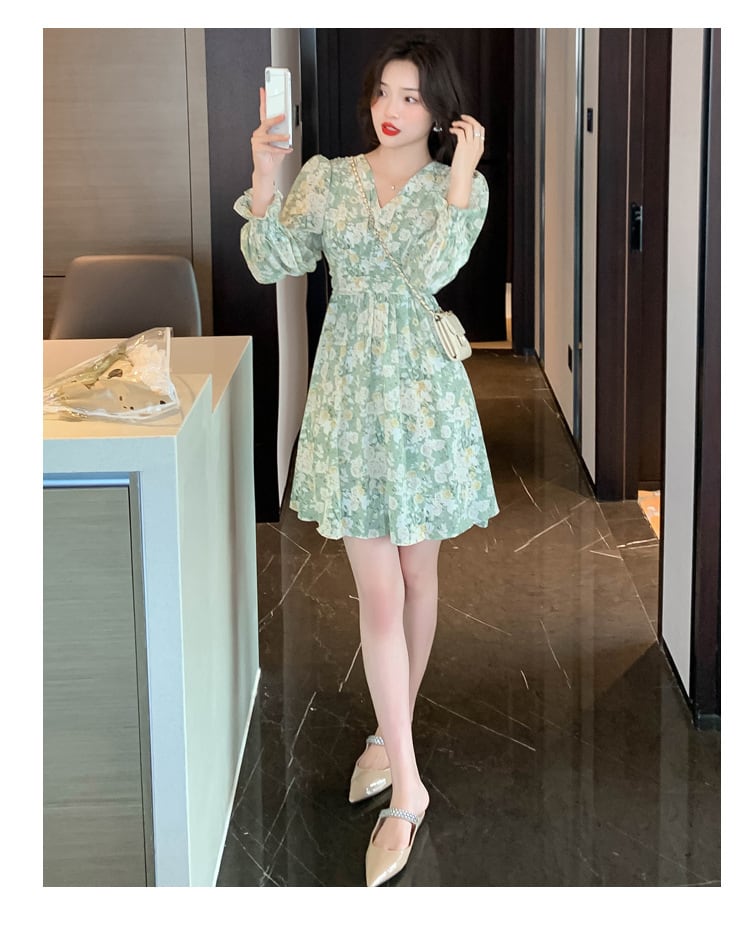 【dress】おしゃれ大人気Vネックスウィート花柄ワンピース　M17244