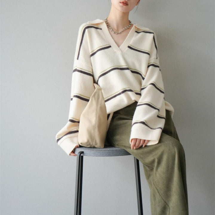 【tops】Ⅴネックボーダー柄ニットトップス N3430