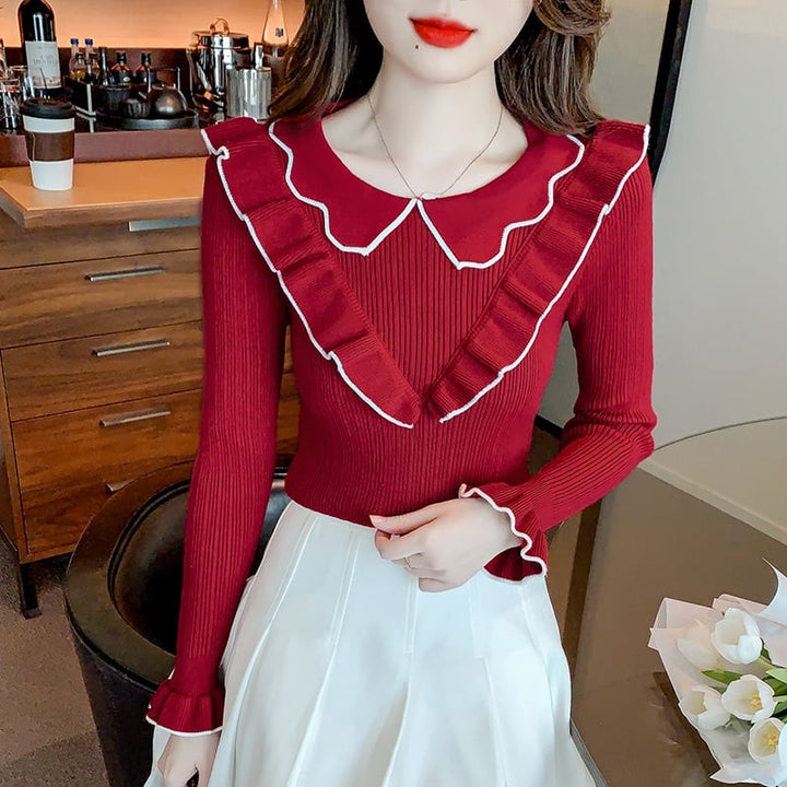 【tops】折り襟フリルニットトップス　M18137