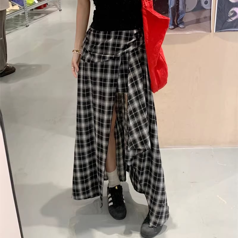 【bottoms】チェック柄イレヘムスカート Q8338