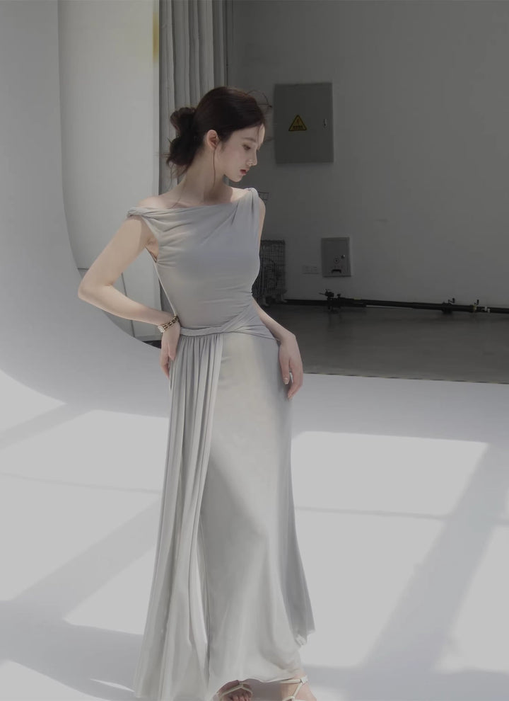 【dress】オフショルダーチュールロングワンピース Q8378
